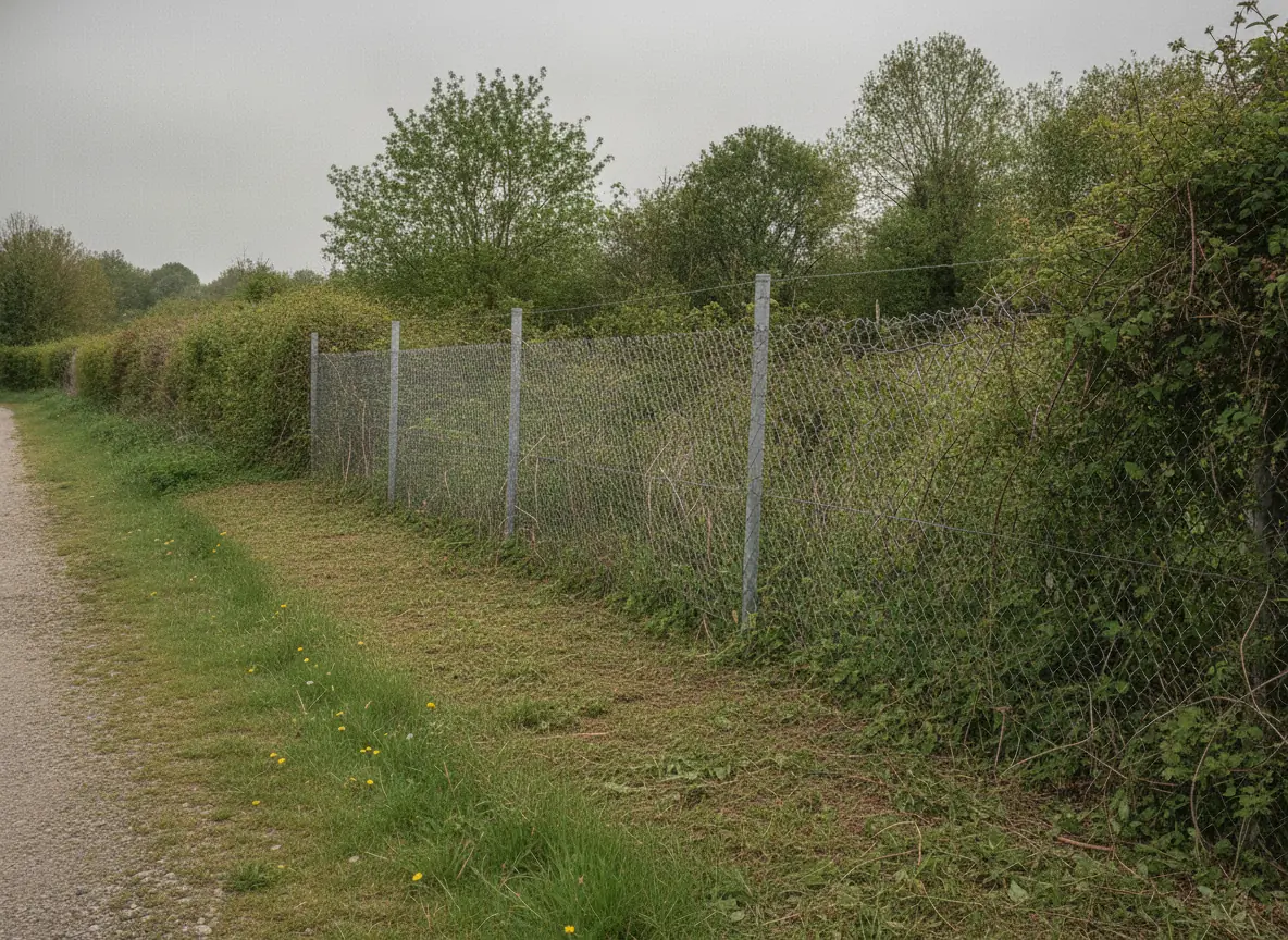 Clôture grillagée dégagée et visible après débroussaillage le long du chemin près de Beauvais