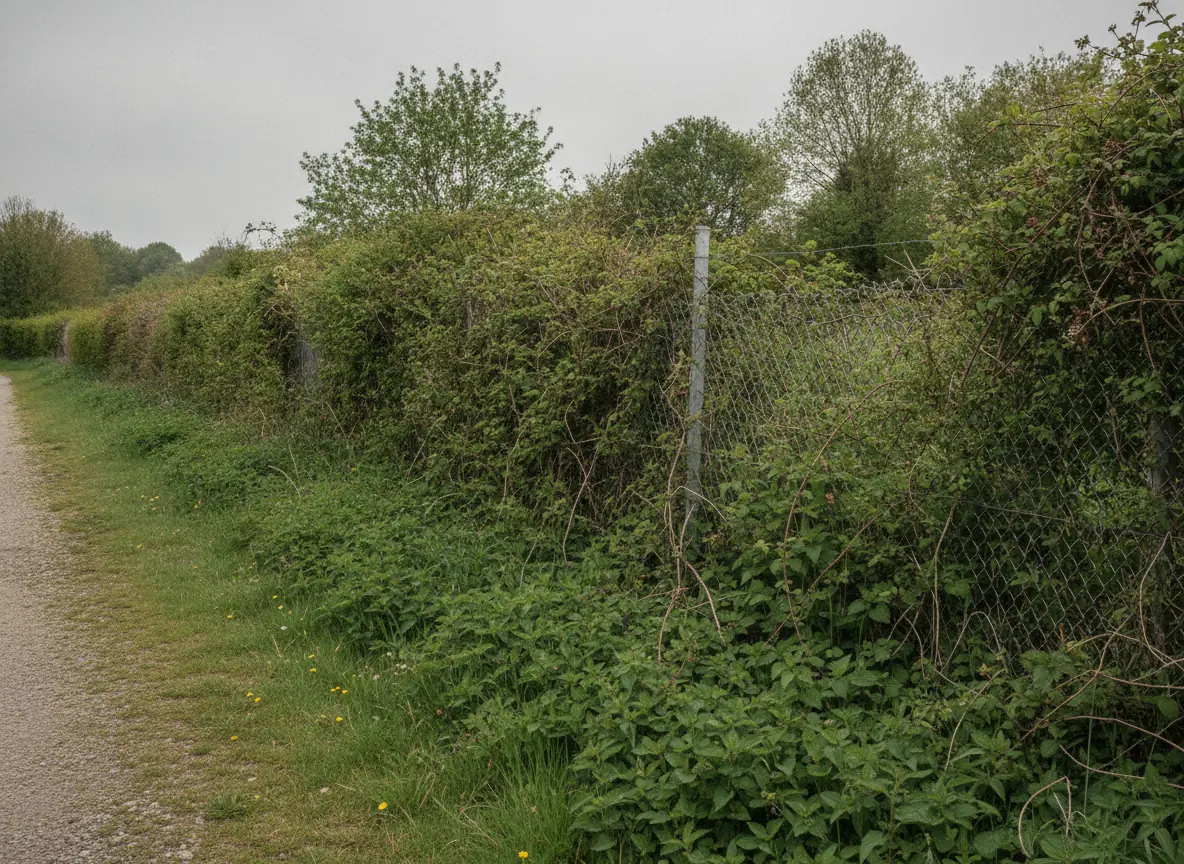 Friche de ronces engloutissant une clôture grillagée le long d'un chemin rural près de Beauvais, avant débroussaillage