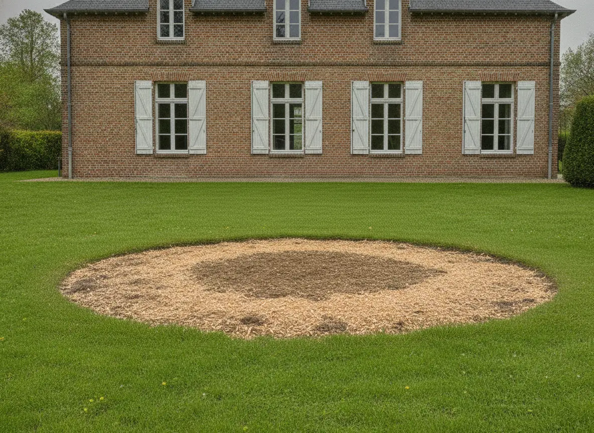 Pelouse remise en état après rognage de la souche à Beauvais, cercle de copeaux de bois à la place