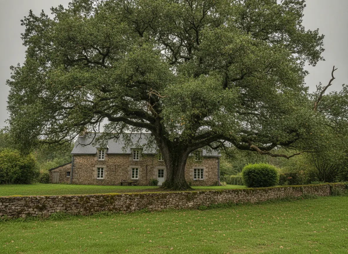 Grand chêne aux longues branches latérales étalées devant une maison en pierre près de Beauvais, avant réduction