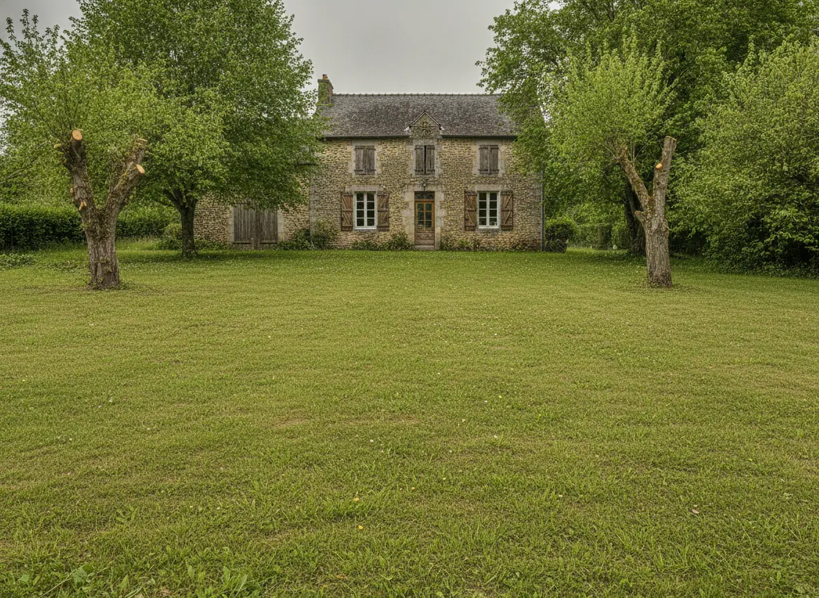 Jardin nettoyé et rangé après ramassage des branches près de Beauvais, pelouse nette et arbres taillés