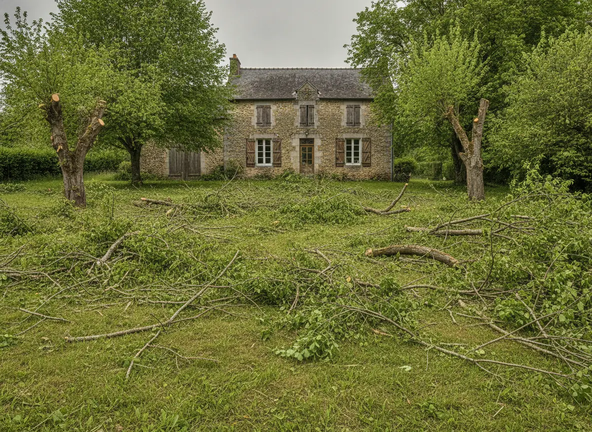 Jardin jonché de branches coupées après élagage devant une maison en pierre près de Beauvais, avant ramassage