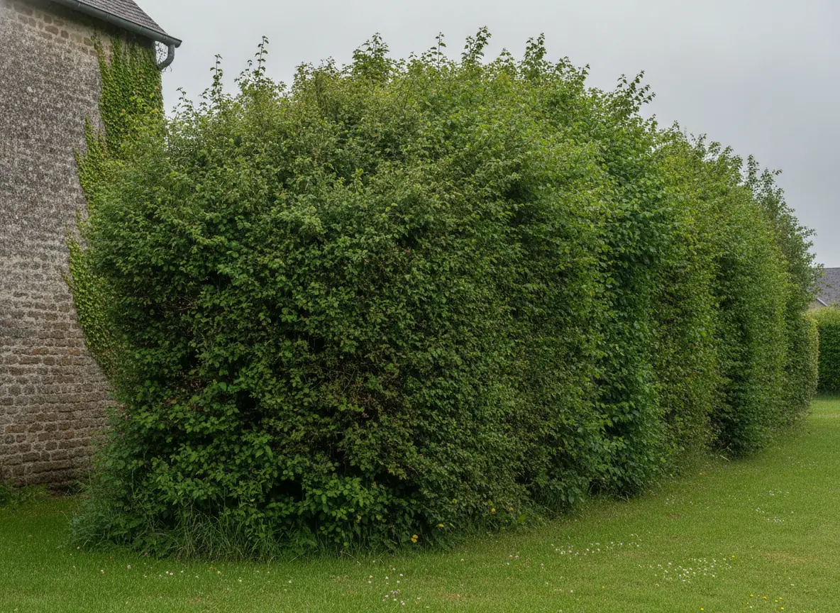 Haie de charmille volumineuse et envahissante en bordure de jardin près d'une maison en pierre à Beauvais, avant taille